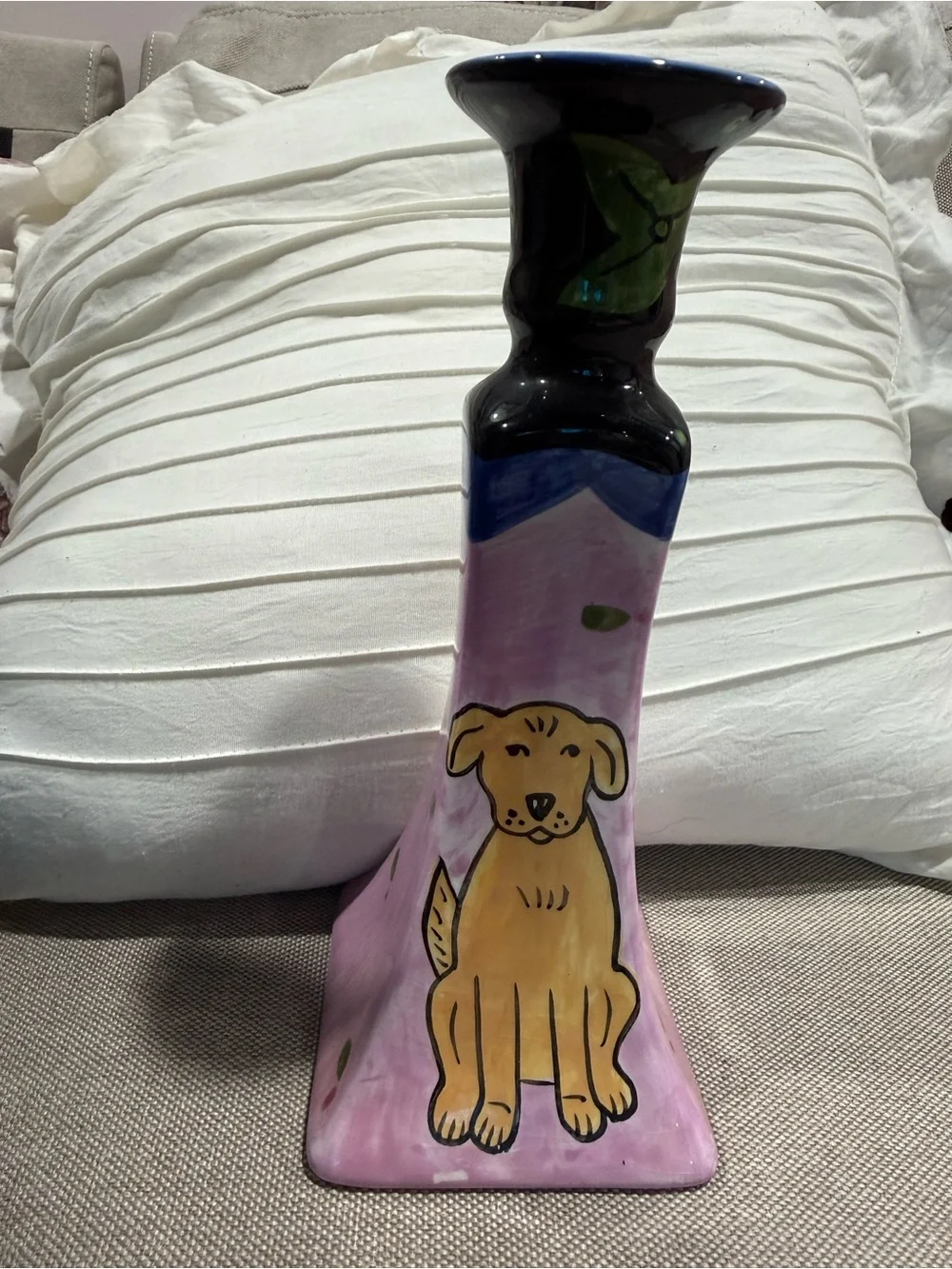 Groovy Cat & Dog by Chaleur  Hand-Painted Dog Ceramic Candle stick Holder -